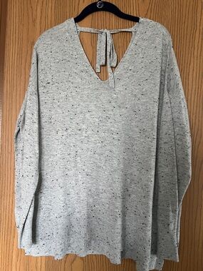 LOFT Light Gray Speckled V-Neck Tie-Back Sweater